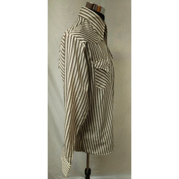 Vtg Stockman By PMC Mens Beige Brown Stripe Pearl Snap Long sleeve Western Shirt - Picture 6 of 11
